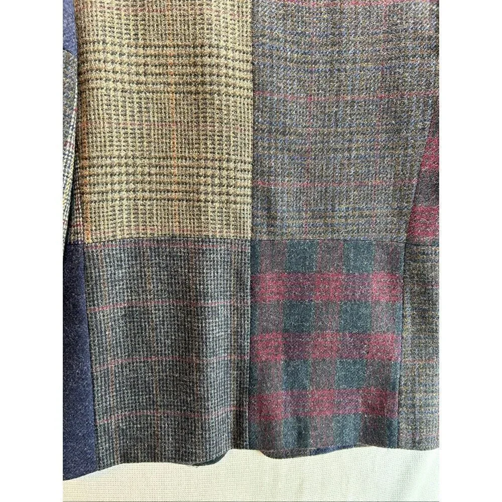 Patchwork Wool Jacket Blue Plaid Zip Front Vtg10 Dark Academia Quiet Luxury